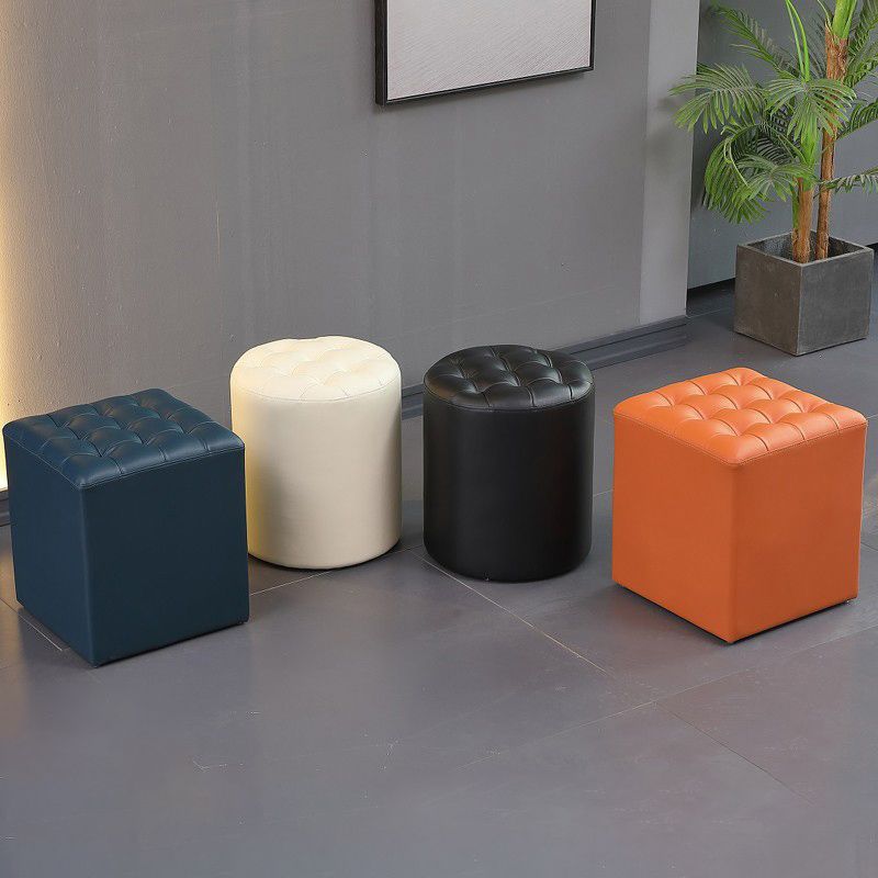 Contemporary Pouf Ottoman Genuine Leather Upholstered Tufted Solid Color Ottoman