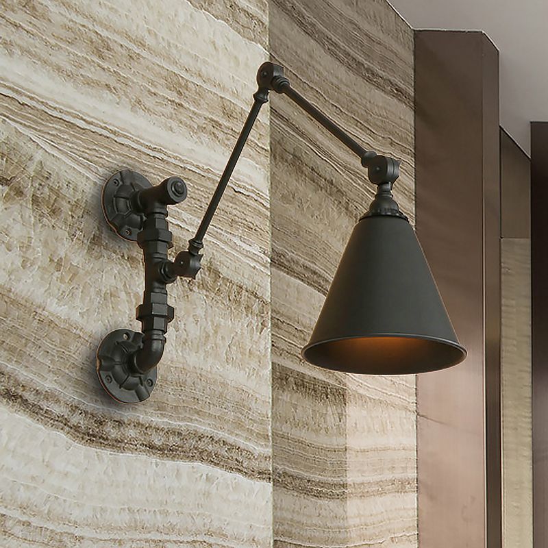 1 Bulb Swing Arm Wall Sconce Lighting Industrial Black Metal Wall Mount Light with Cone Shade