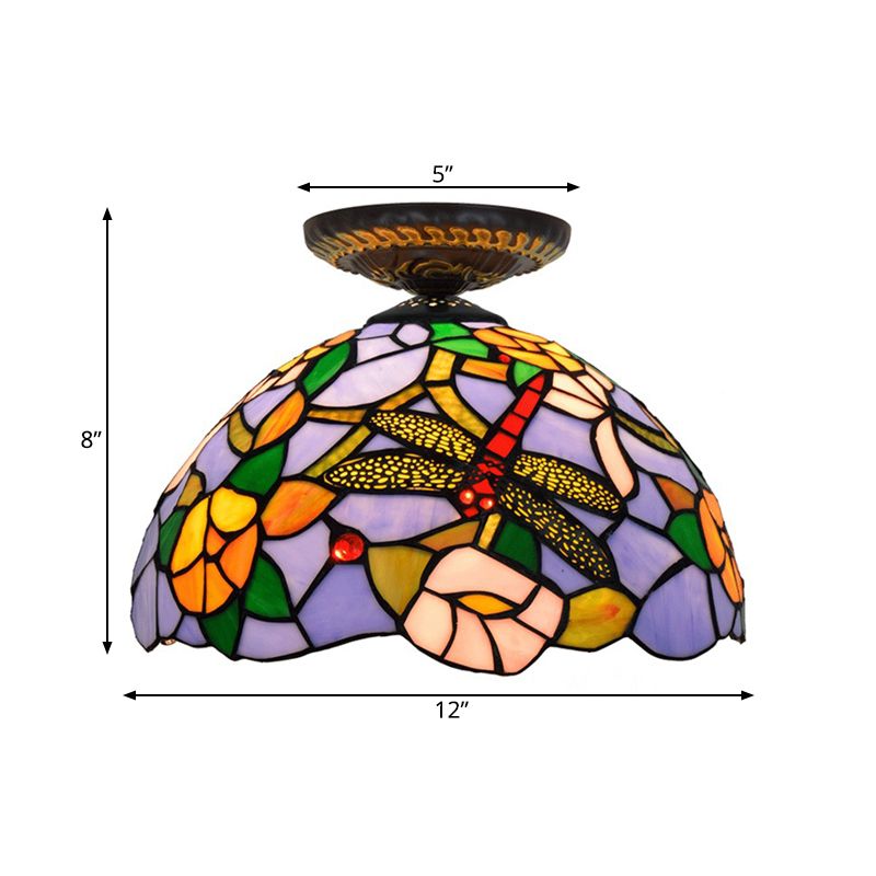 Lampe encastrée Tiffany Dragonfly, 1 ampoule, vitrail proche du plafond, luminaire en laiton