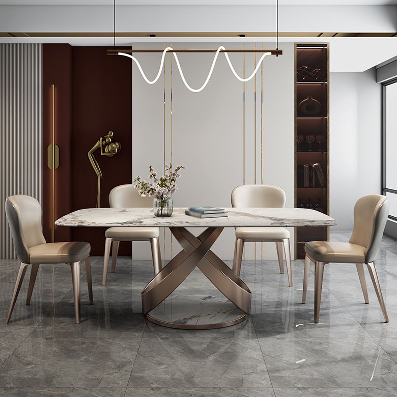 Modern Style Traditional Height Dining Set with Fixed Rectangle Shape Table and Gold Trestle Base