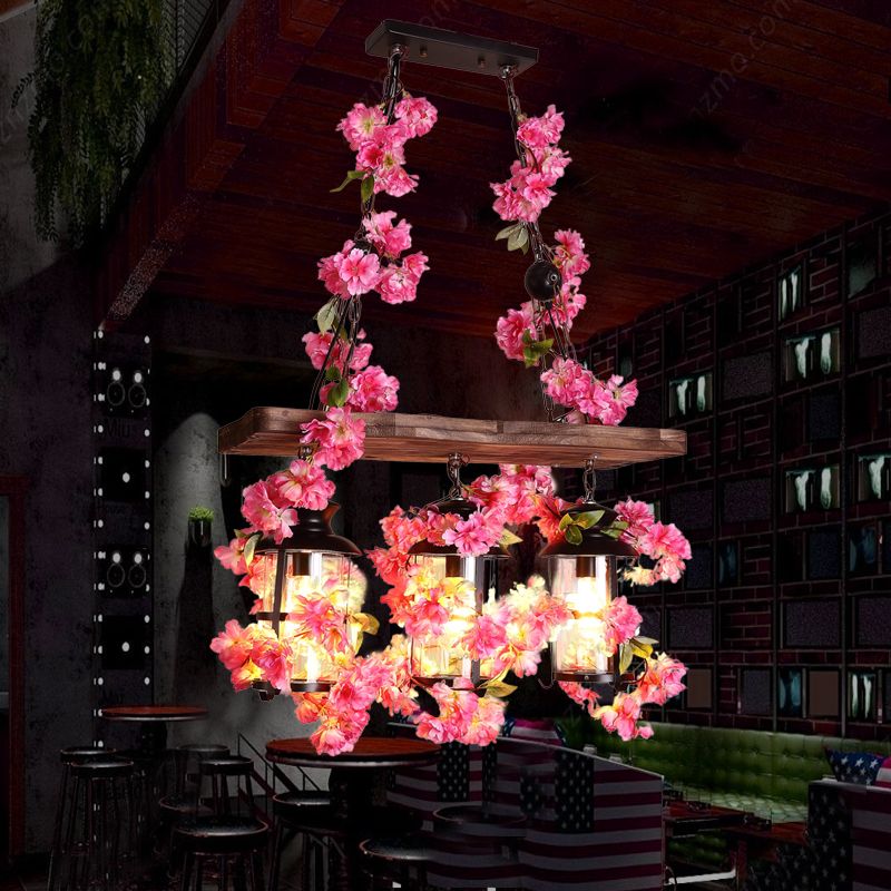 Clear Glass Cylindrical Ceiling Hanging Lantern Industrial 3 Heads Restaurant Island Light with Art Plant Deco