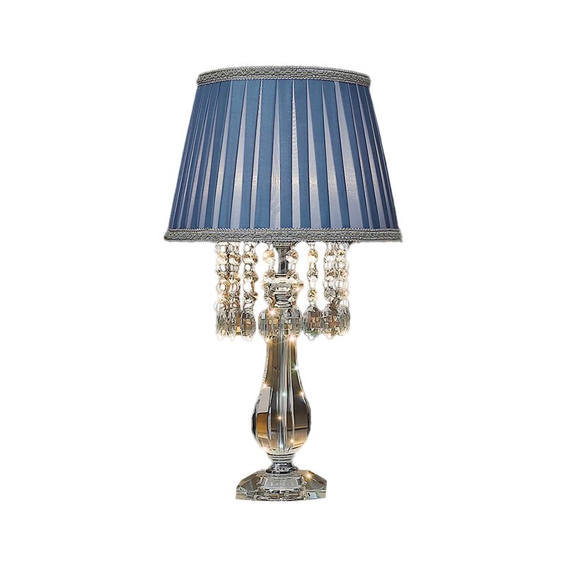 Beige/bordeaux/hemelblauw 1 lamp nachtkastje lamp traditionele heldere kristallen kralen bel/geplooide schaduw tafellicht voor slaapkamer