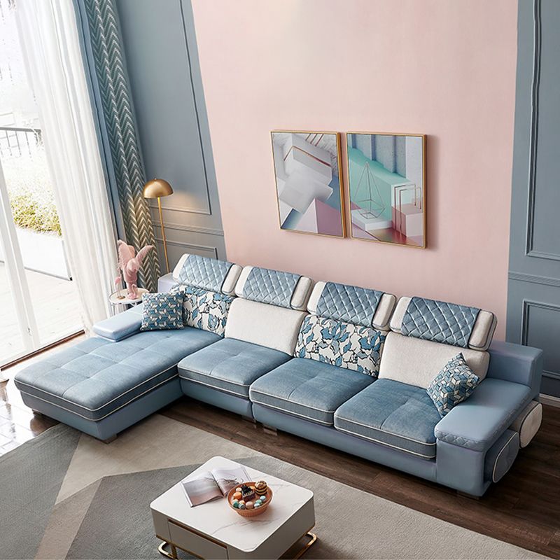 Nordic 4-Seat Sectional & Chaise Pillow Top Arm Sectional Sofa in Blue