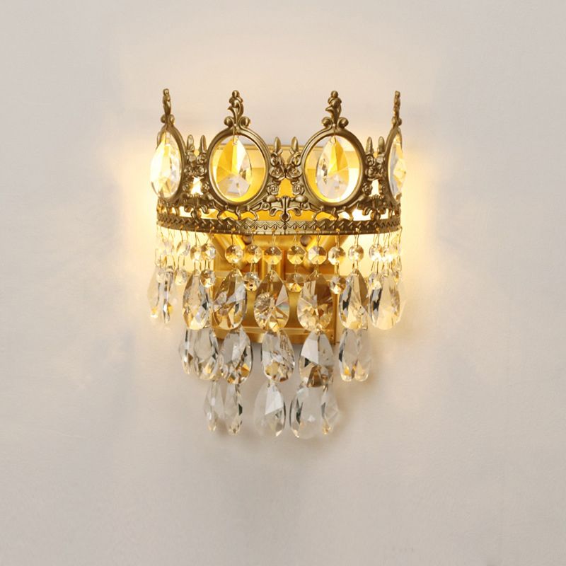 Salon de salon en forme de couronne Lumière antique en métal antique 3-Bulb Gold Gold avec des cristaux en larmes