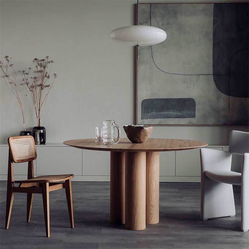 Round Dining Table Modern Wood Color Fixed Table of Pine Solid Wood