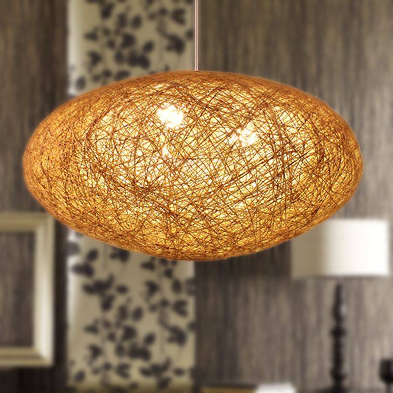 Handcrafted Pendant Chandelier Japanese Bamboo 3 Heads Suspended Lighting Fixture in Flaxen