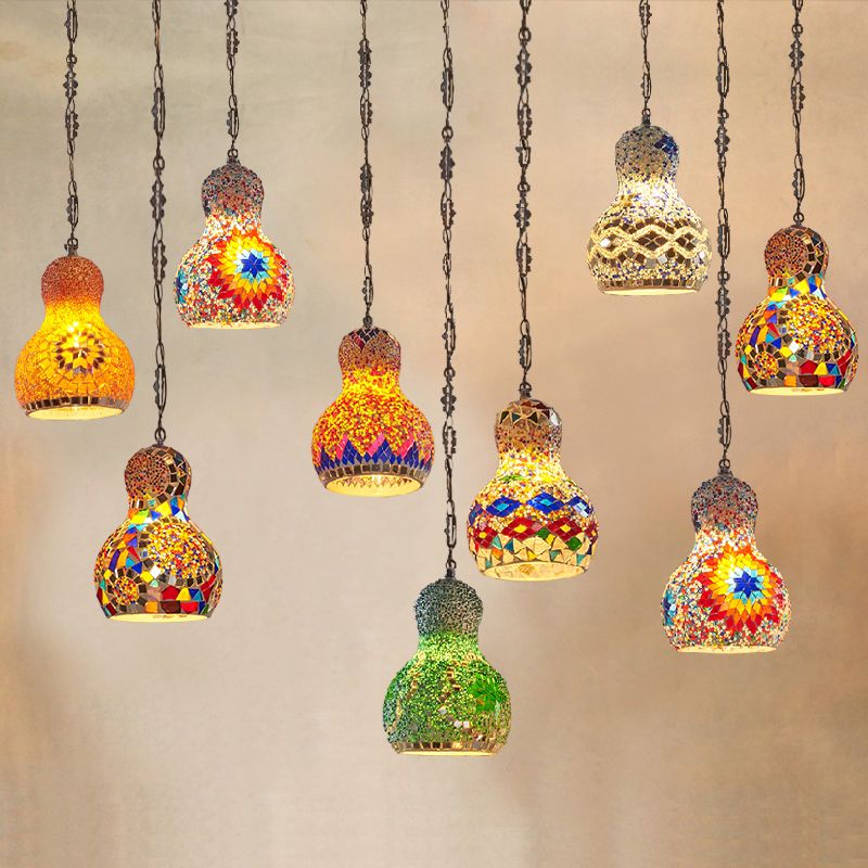 Bohemian Style Gourd Pendant Light 1-Bulb Tachate Art Terre Hanging Light for Restaurant