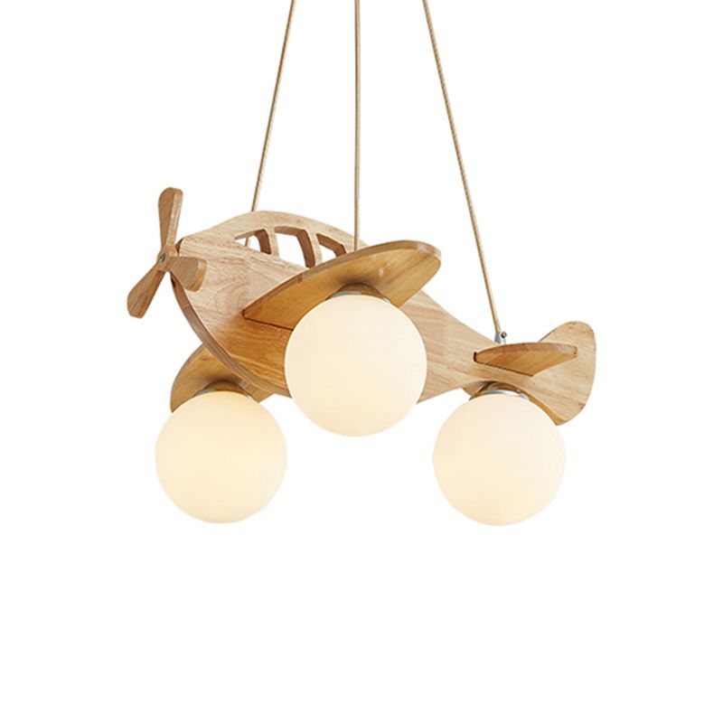 Cartoon 3-Light Chandelier Beige Helicopter Pendant Lighting with Ball White Glass Shade