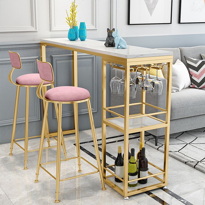 White Metal Pub Table with Faux Marble Top Modern Bar Table with 2 Shelves