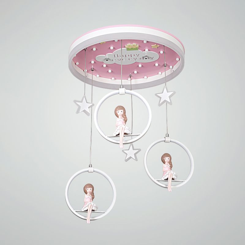 Pink/Blue Circle Flush Mount Lamp Kids Metal LED Ceiling Light Fixture with Suspended Princess/Astronaut