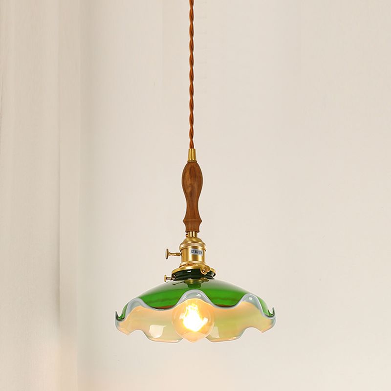 Brass Small Pendant Lighting Vintage Green Glass 1-Head Hanging Lamp with Rotary Switch