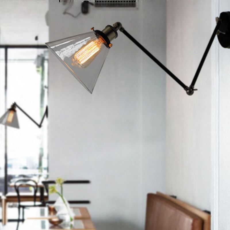 Swing Arm Wall Lamp Industrial Style Indoor Sconce Light with Conical Glass Shade