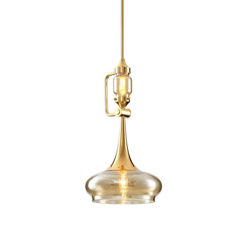 Trumpet Amber Glass Hanging Pendant Colonialism 2 Lights Restaurant Ceiling Light in Gold