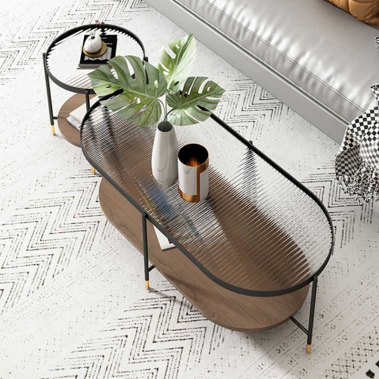 Modern 2 Piece Bunching Tables with Wooden Shelf and 4 Iron Legs