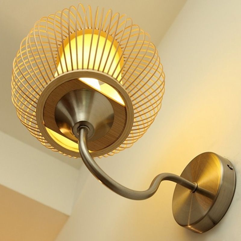 Asian Style Global Lighting Sconce Bamboo Single Bulb Bedroom Gooseneck Arm Wall Mounted Lamp with Inner Tubular Parchment Shade in Wood