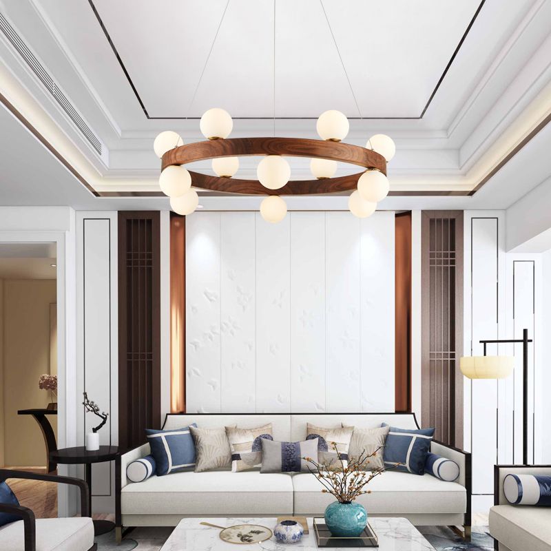 Contemporary Wood Hanging Light Fixtures Rounded Chandelier for Dining Room