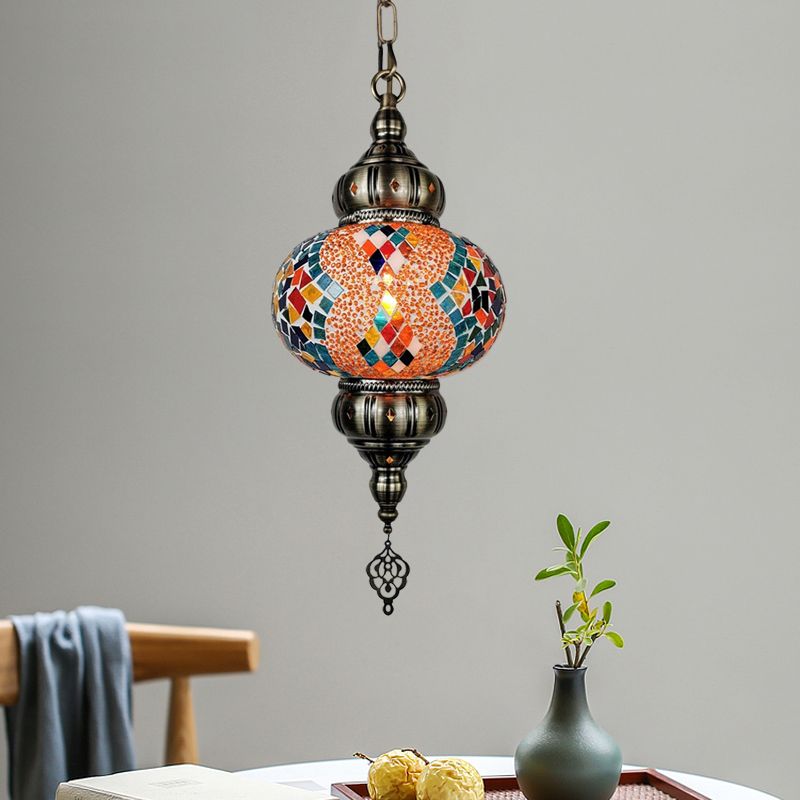 Stained Glass Red/Orange/Green Pendant Lamp Oval 1 Head Vintage Suspension Lighting