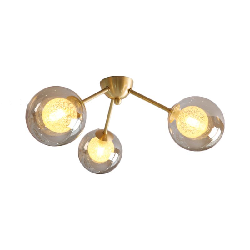 Moderno monte semifulto globale Clear/Amber/Smoke Glass 3/6 Luci a LED camera da letto Light Semi Flush Mount Light in oro