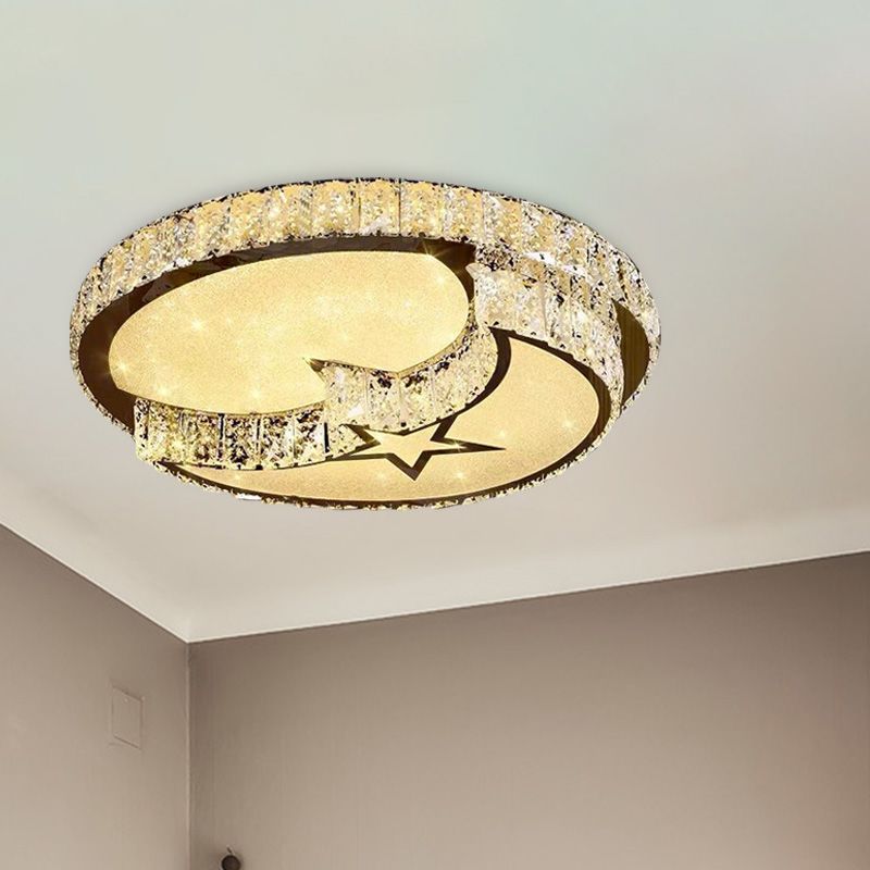 Modern LED Ceiling Light White Moon and Star/Heart Flush Mount Light with Crystal Block Accent for Bedroom