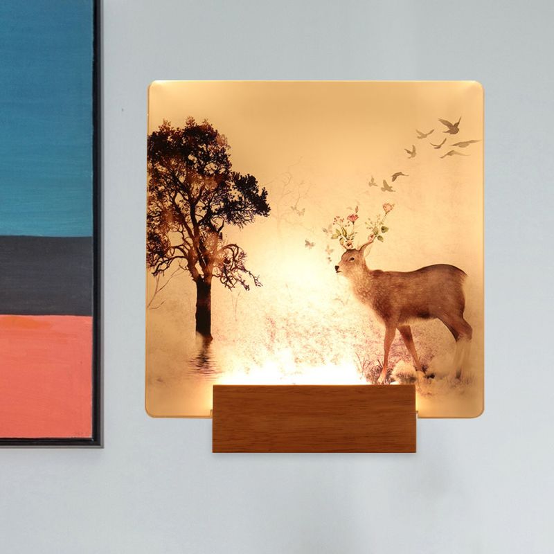 Square Hallway Wall Mounted Lighting Acrylic LED Oriental Wall Mural Light in Brown with Deer and Tree Pattern