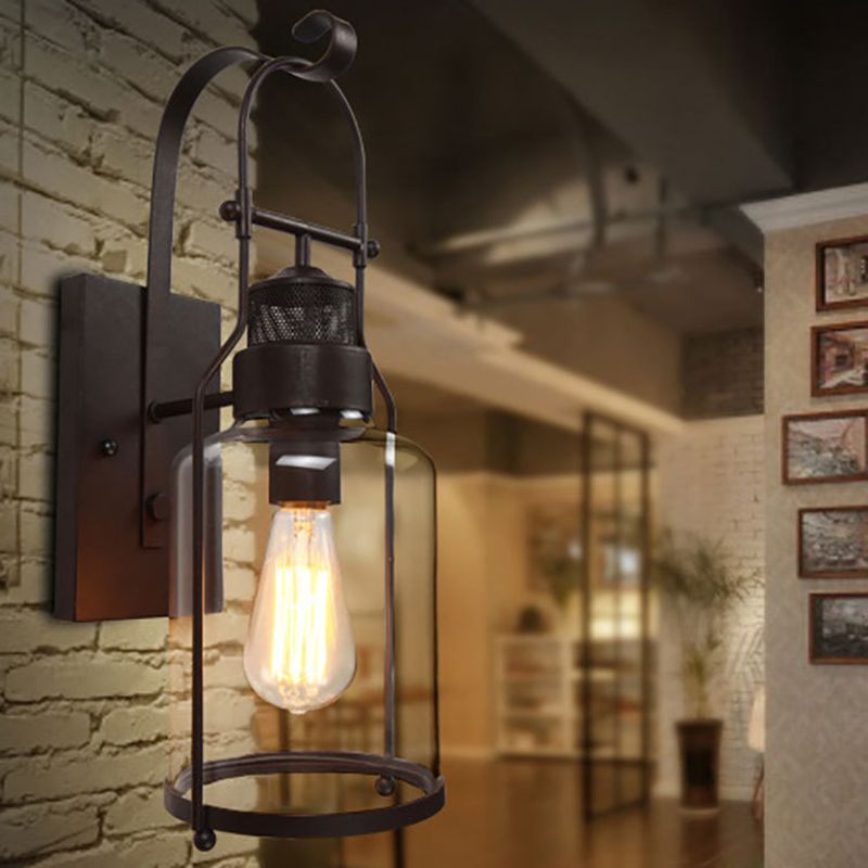 Industrial Retro Single Wall Sconce Wrought Iron Wall Lamp with Clear Glass Shade