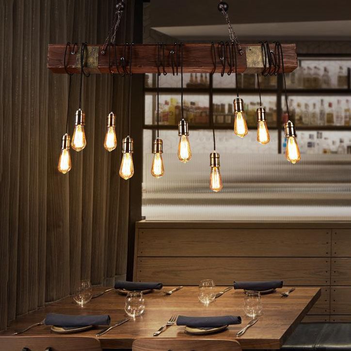 Linear Shape Pendant Light Modern Style Wood 10 Lights Hanging Lamp in Brown