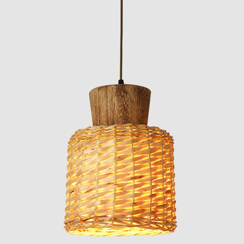 Asian Style Bamboo Weaving Pendant Light 1-Light Simplicity Wooden Hanging Lamp for Bedroom