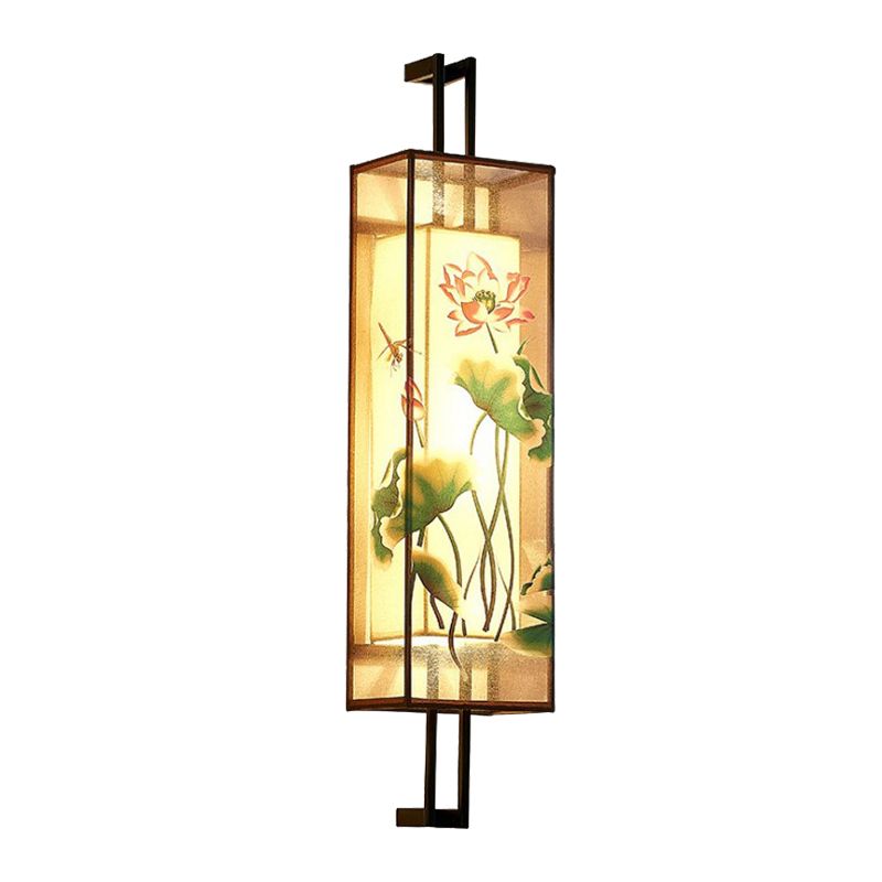 Orientalischer Stil Quaderform geformtes Stoff Wand Licht 2 Köpfe Wandmalblatt in Schwarz mit Lotusblatt/Zweigmuster