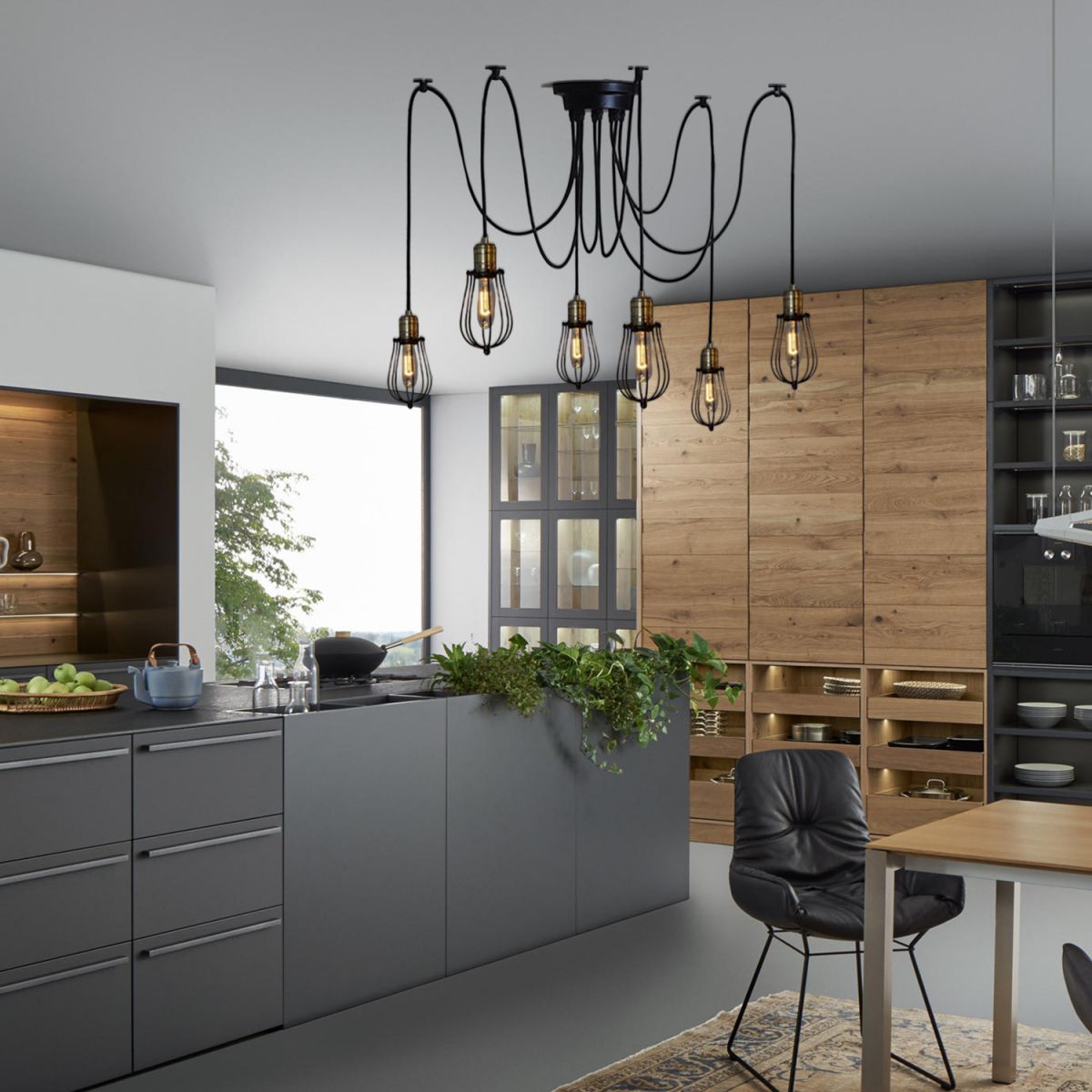 Sospensione ragno a 6 luci Light con piccola gabbia Apparecchiatura a soffitto in metallo nero vintage per cucina
