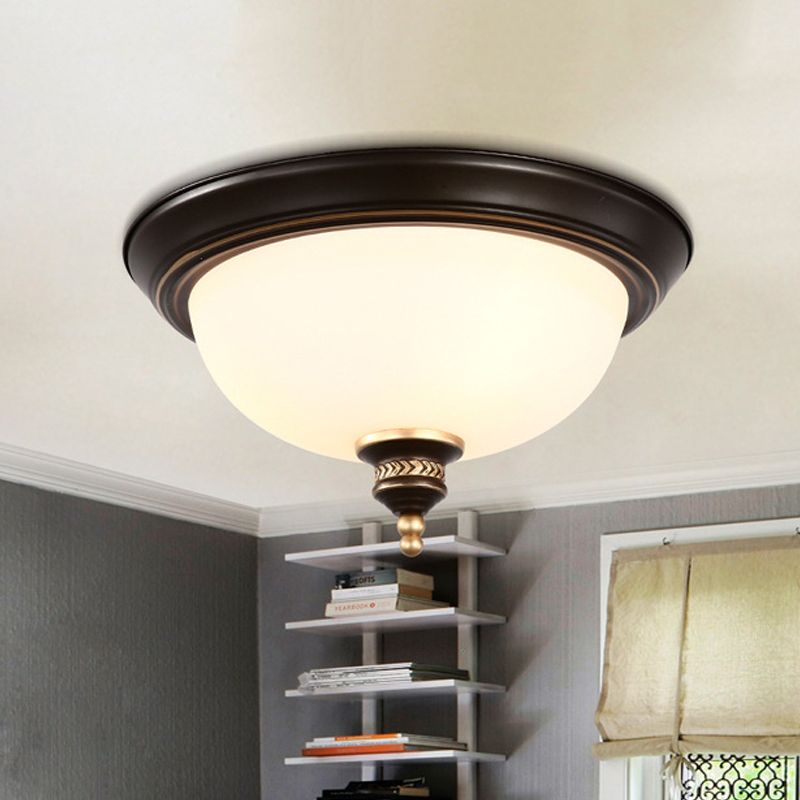 Domed Bedroom Ceiling Lighting Modern Opal Glass 3 Bulbs Black Flush Mount Light Fixture