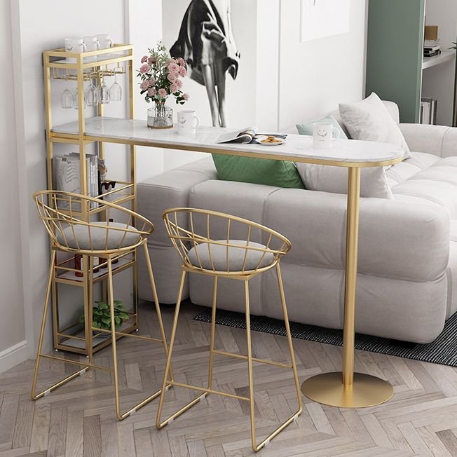 Contemporary Bar Dining Table Indoor Marble Top Bar Table Iron Base with Shelves