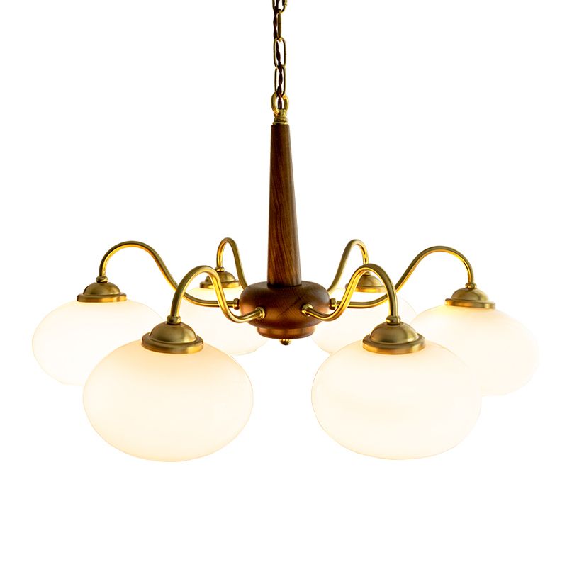 Wooden Chandelier Gold Globe Hanging Light with White Glass for Living Room