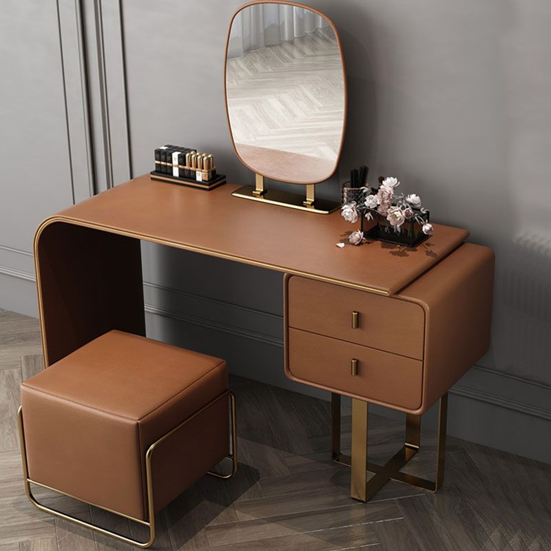 Contemporary Faux Leather and Wood 2-Drawer Makeup Vanity Desk