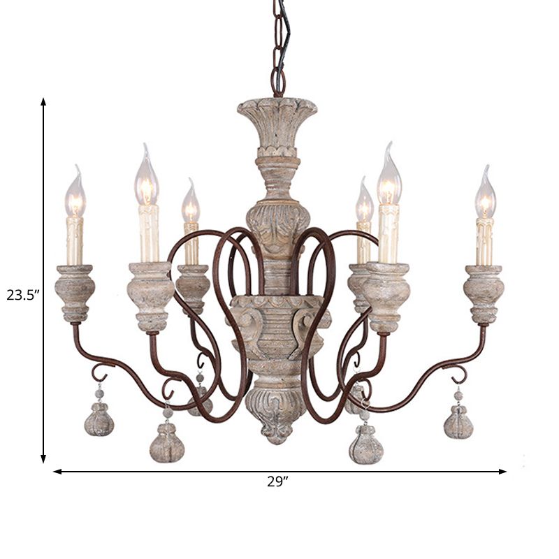 Gray and White Spur Chandelier Lighting Nordic Wood 6 Bulbs Hanging Ceiling Light for Living Room