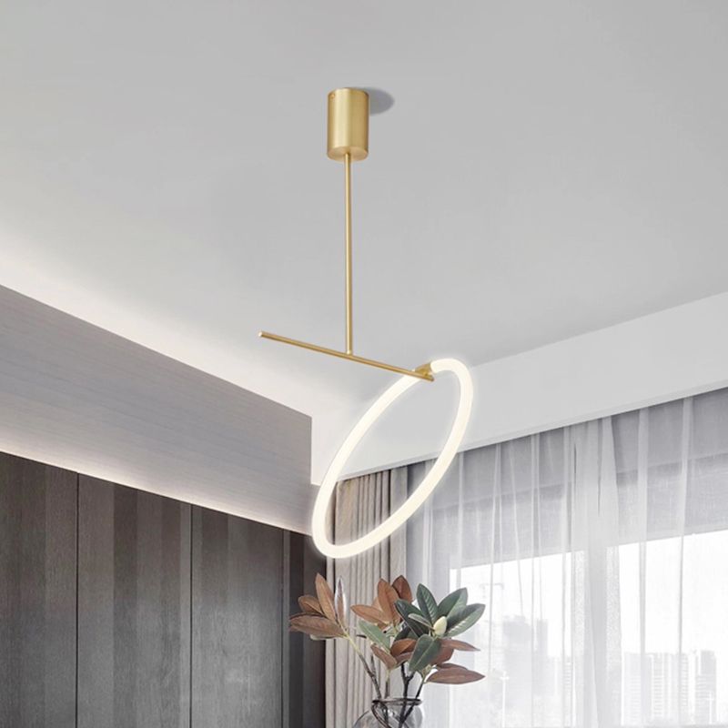 Hoop Ceiling Pendant Lamp Minimalist Acrylic White and Gold LED Suspended Lighting Fixture over Table