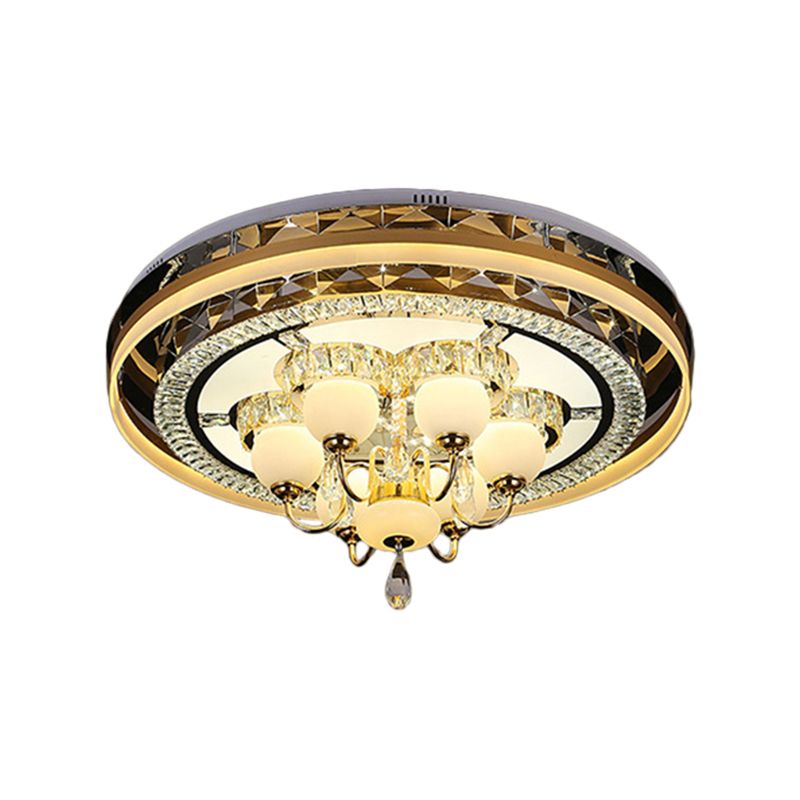 LED Circular Flush Light Simple Gold Beveled Crystal Ceiling Lamp with Opal Glass Shade in Remote Control Stepless Dimming