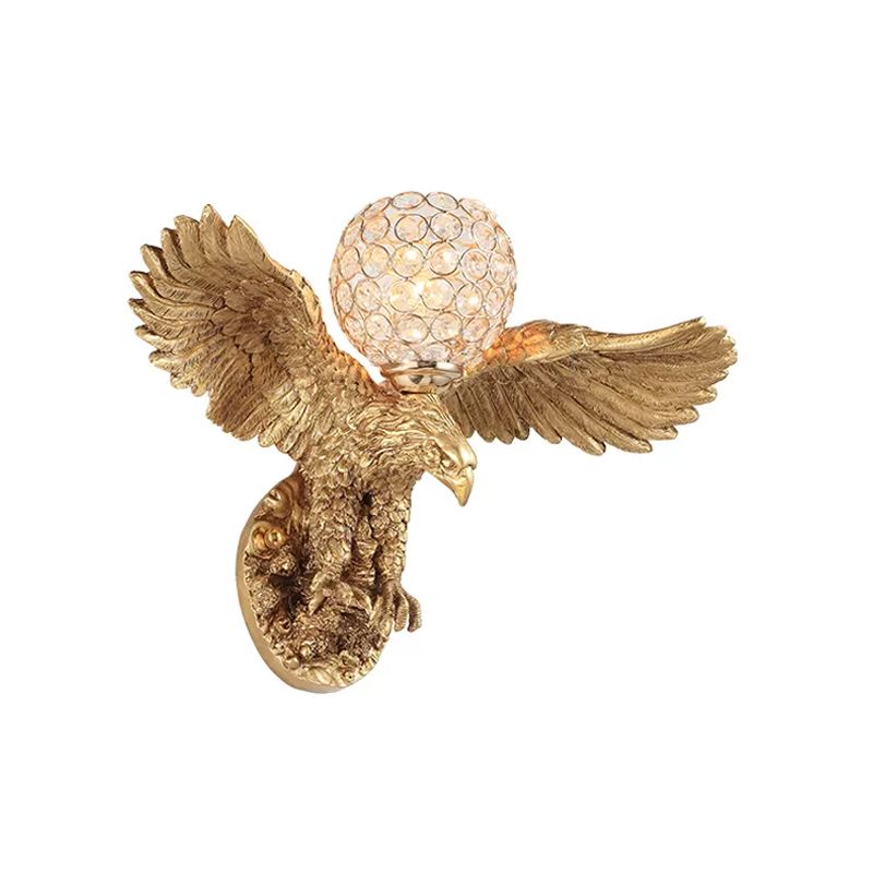 Eagle Living Room Wall Light Fixture Rustic Resin Single Head Gold Wall Sconce Lighting with Orb K9 Crystal