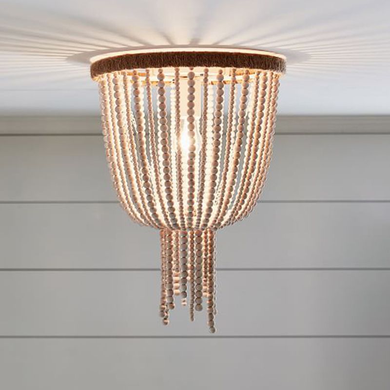 White Bead Chain Flushmount Lighting Traditional Wood 1 Bulb Bedroom Flush Ceiling Lamp