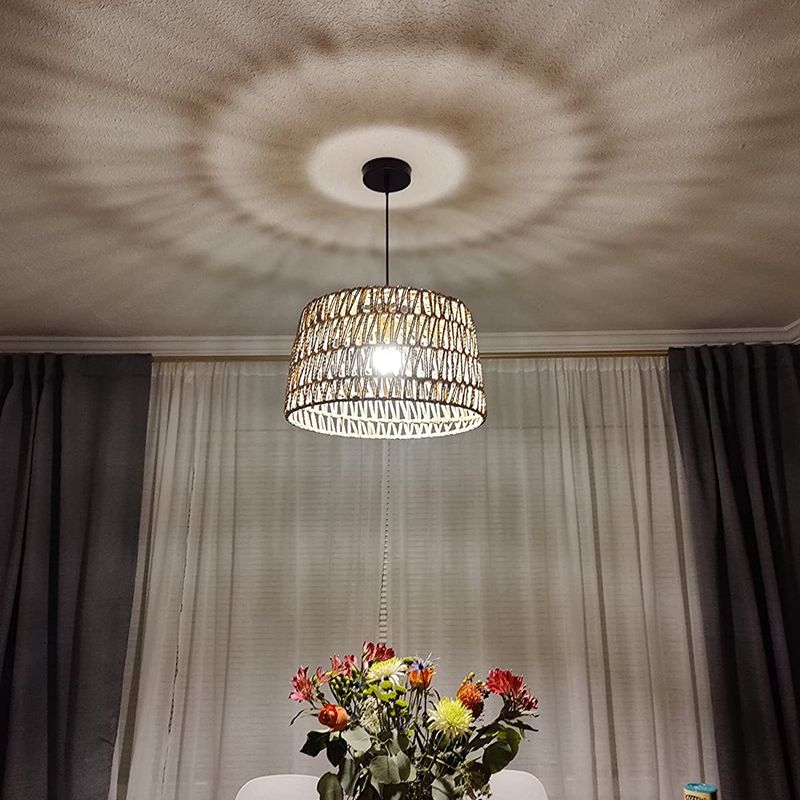 1-Light Hemp Rope Drum Hanging Light Hand Knitting Creative Bedroom Suspension Lamp in Beige