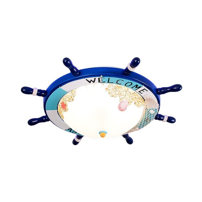 Wood Ship Rudder Flush Mount Mediterranean Blue/Light-Blue LED Ceiling Light with Dome Matte Glass Shade and Marine Element