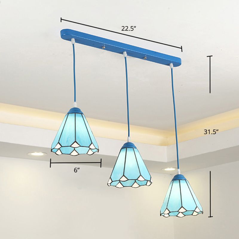 Tiffany Conical Hanging Light 3 Heads Stained Glass Multi Light Pendant for Restaurant