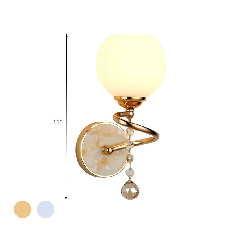 Dome Bedroom Sconce Light Traditional Frosted Glass 1 Head Gold/Chrome Wall Lighting Fixture with Crystal Ball