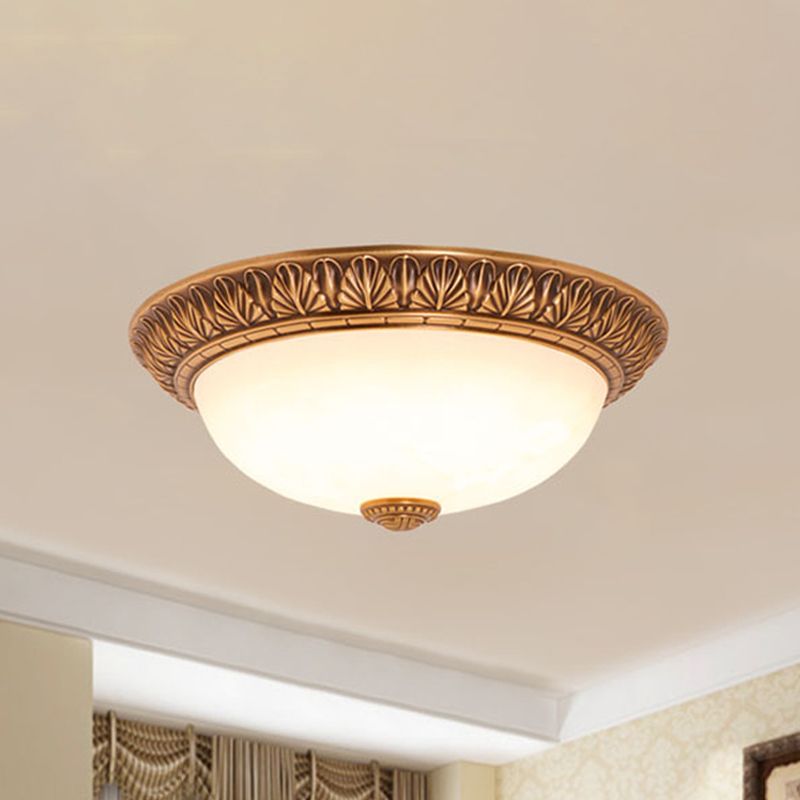 Cream Glass Bronze Flush Mount Light Flower/Leaf/Floral-Trimmed Bowl Traditional LED Ceiling Light Fixture, 12"/16" W