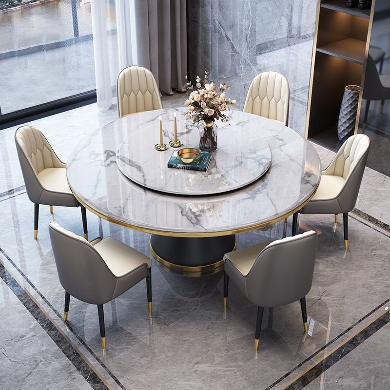 Modern Style Home Marble Dining Table Single Pedestal Base Round Table with Turntable