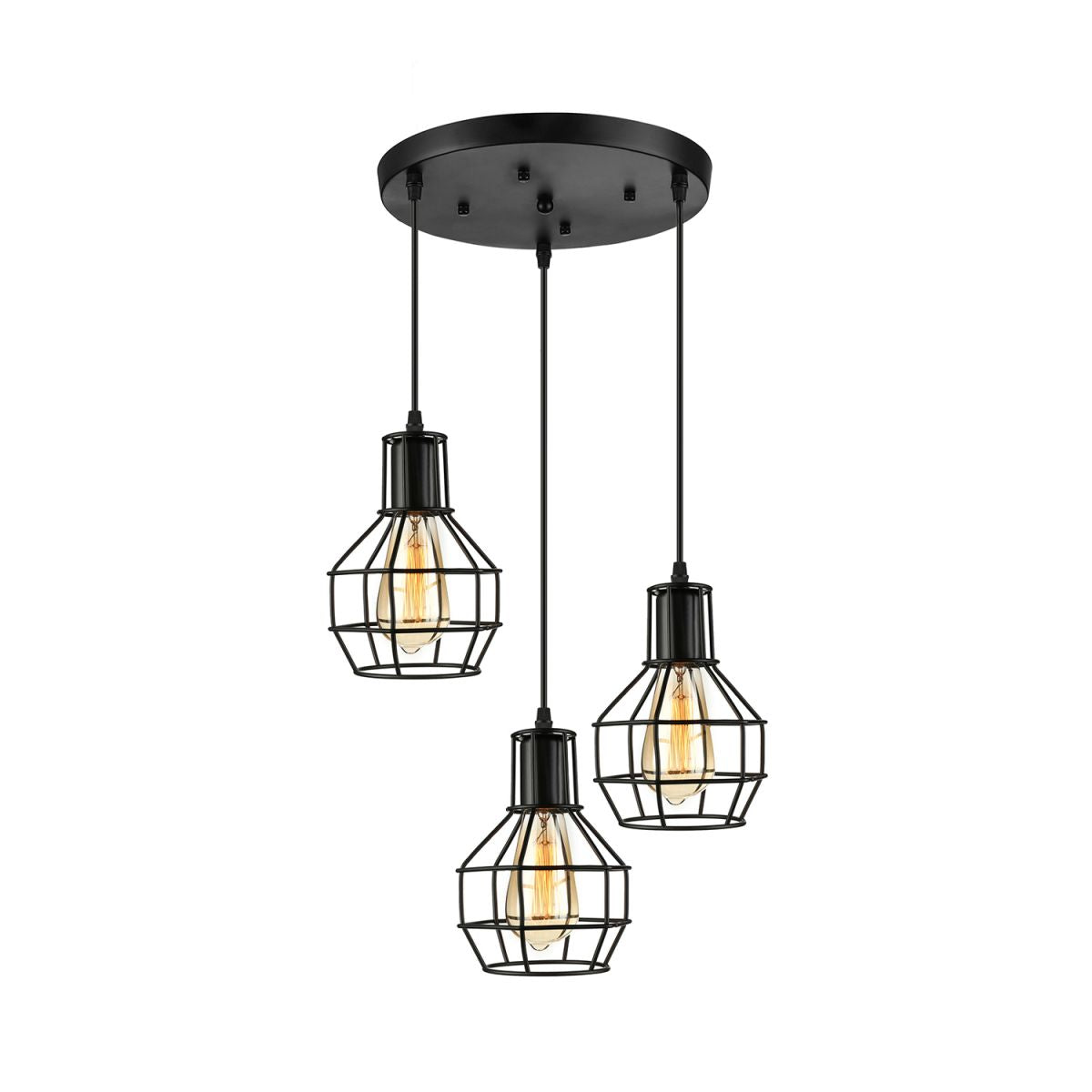 3/7 Heads Hanging Lamp Vintage Global Cage Shade Metallic Pendant Lighting with Round Canopy in Black