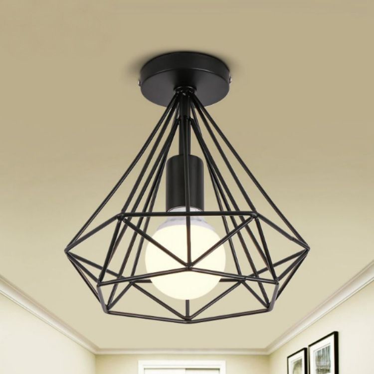 Iron Wire Diamond Ceiling Flush Light Vintage 1-Light Passage Flush Mount Lamp in Schwarz