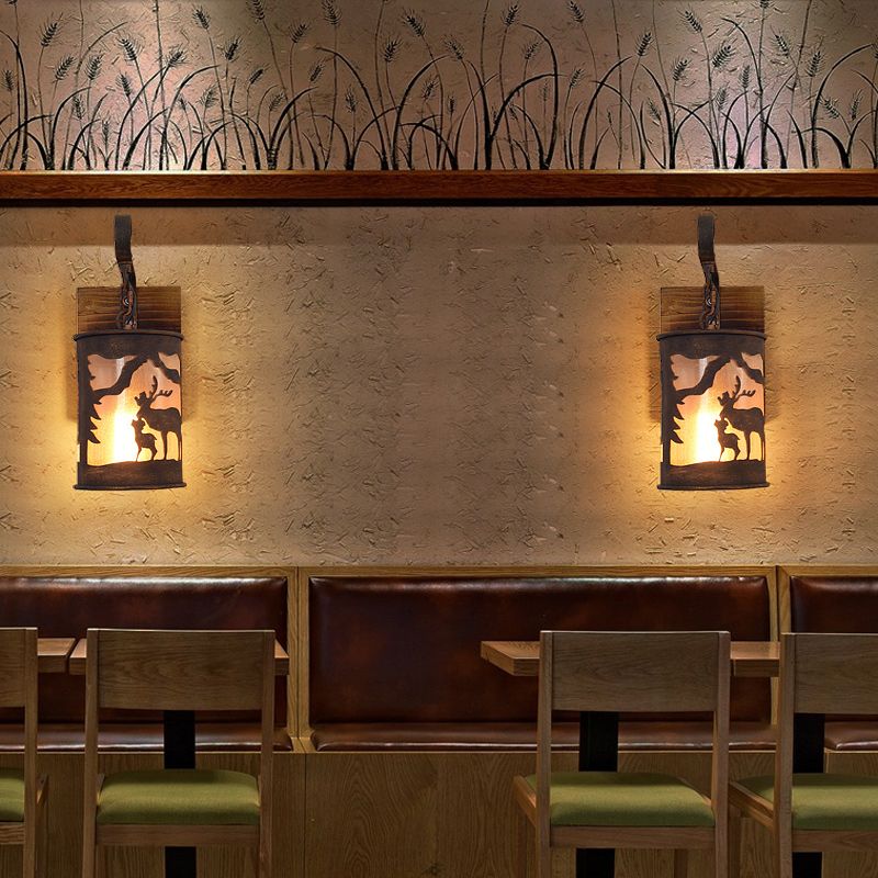 1 Bulb Porch Wall Mounted Lamp Country Rust Sconce Light Fixture with Cylinder Fabric Shade