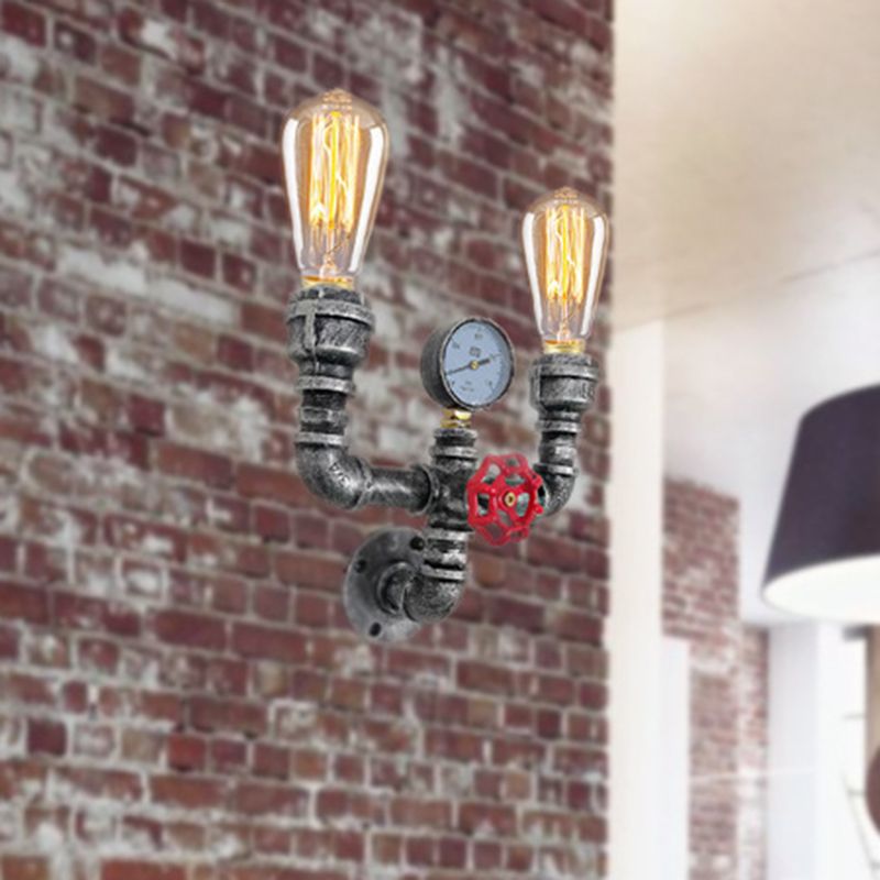 Aged Silver 2 Lights Wall Mounted Pipe Light Vintage Metal U Shaped Sconce Lamp