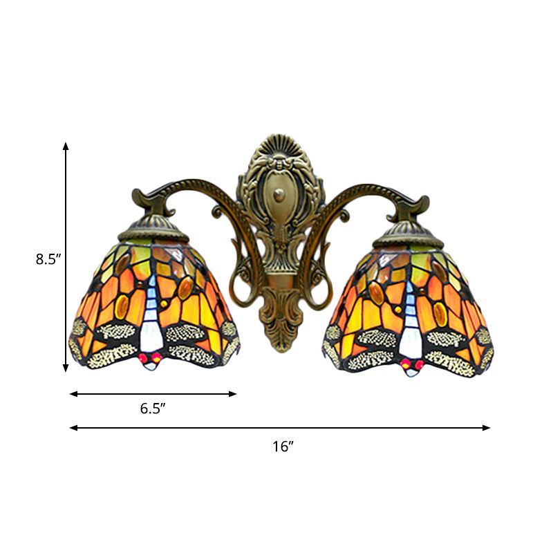 Tiffany Rustic Dragonfly Wall Lamp Stained Glass 2 Bulbs Orange Wall Sconce for Coffee Shop