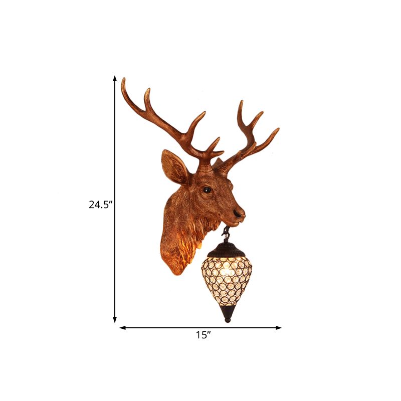 Teardrop Beveled Crystal Wall Lighting Country 15"/20.5"/24.5" Wide 1 Head Bedroom Sconce Lamp with Deer Head in White/Yellow/Gold